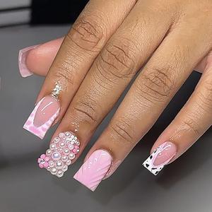 24Pcs Pink Duck Press on Nails Short Medium Fake Nails with Pearl Flower Design Handmade False Nails Leopard French Nail Tips Design Cute Acrylic Nails Press ons Holiday Glue on Nails for Women