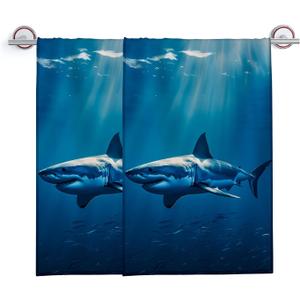 Hand Towels Set of 2 Ocean Shark Themed Towels for Bathroom Decorative, Bath Towels, Soft Absorbent Towels for Farmhouse Home Decor Gifts for Women 14 x 28 in