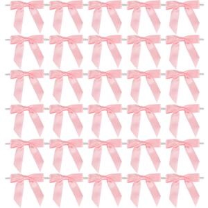 AIMUDI Baby Pink Satin Ribbon Bows 2.5" Pre-Tied Twist Tie Bows for Treat Bags Candies Cake Pops Gift Wrapping Baby Shower Wedding Birthday Party Favors 50 PCs