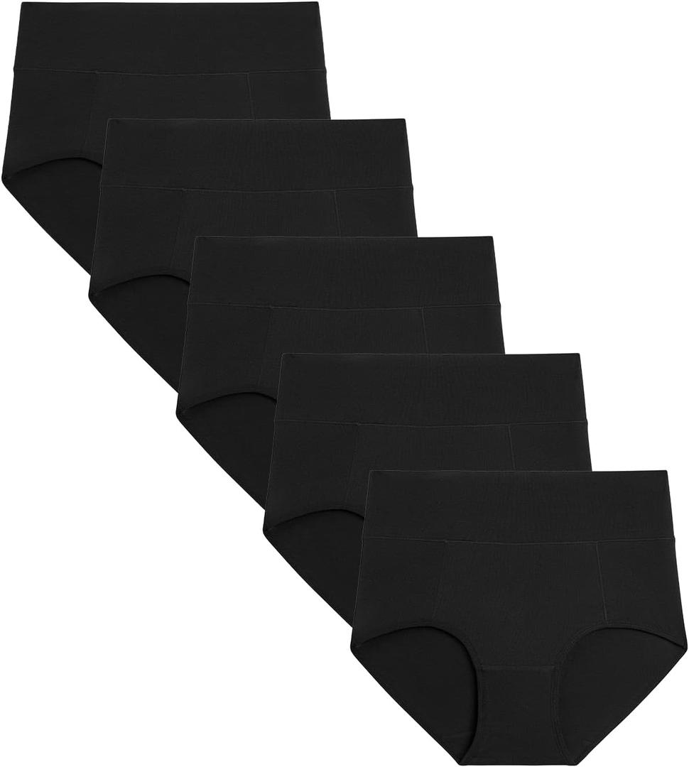 POKARLA Womens Cotton Underwear High Waist Full Coverage Briefs Soft Breathable Postpartum Panties Stretch Underpants (Medium, Black02-5pack)