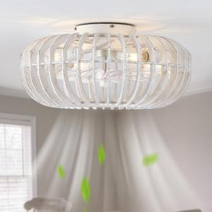 Wood Caged Farmhouse Ceiling Fans with Lights for Bedroom, White, 20", Small