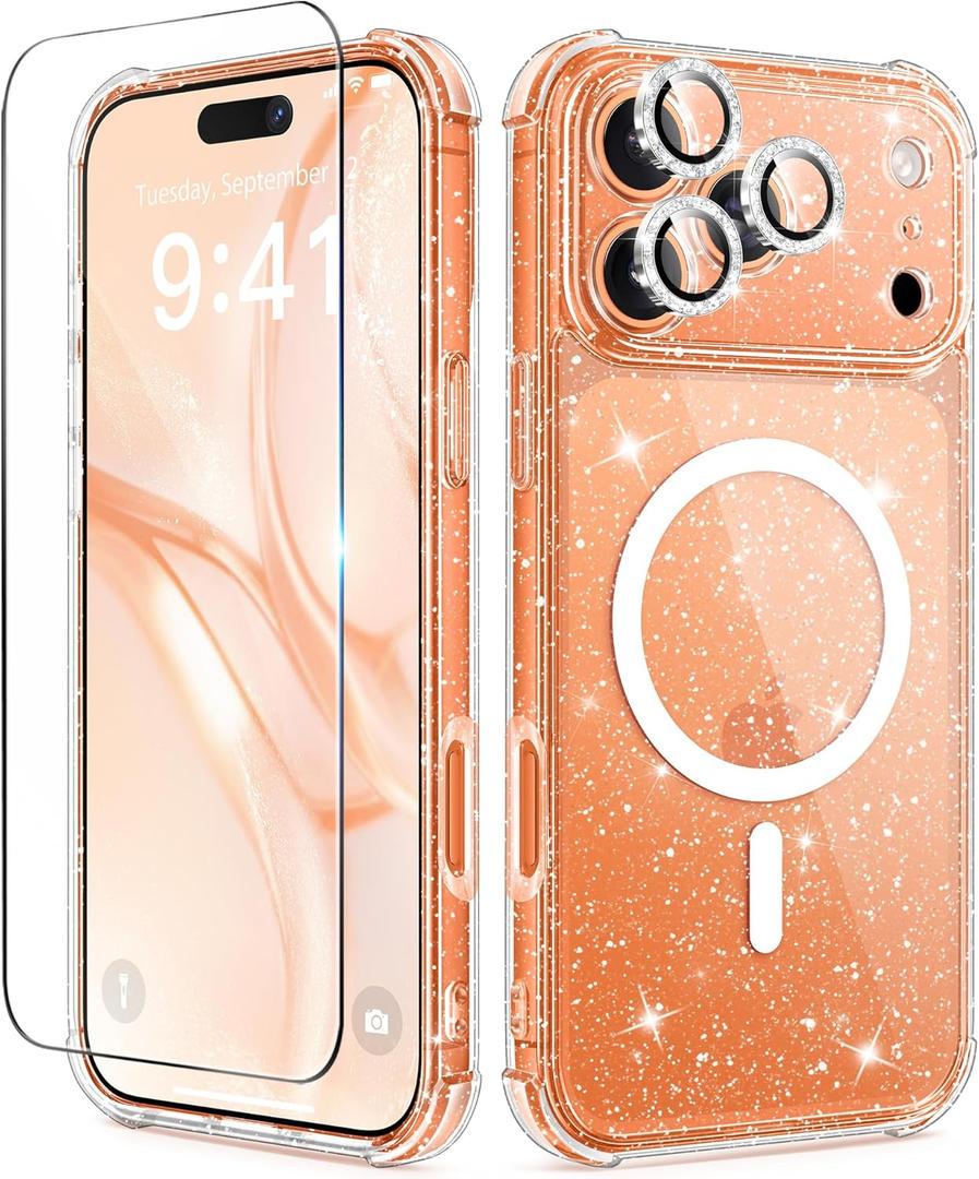 BERFY for iPhone 17 Pro Max Case for Women, Compatible with MagSafe, Clear Glitter Shockproof Protective Case, Anti-Yellowing, with Screen Protector & 3 Diamond Camera Lens Covers 6.9", Sparkle Clear