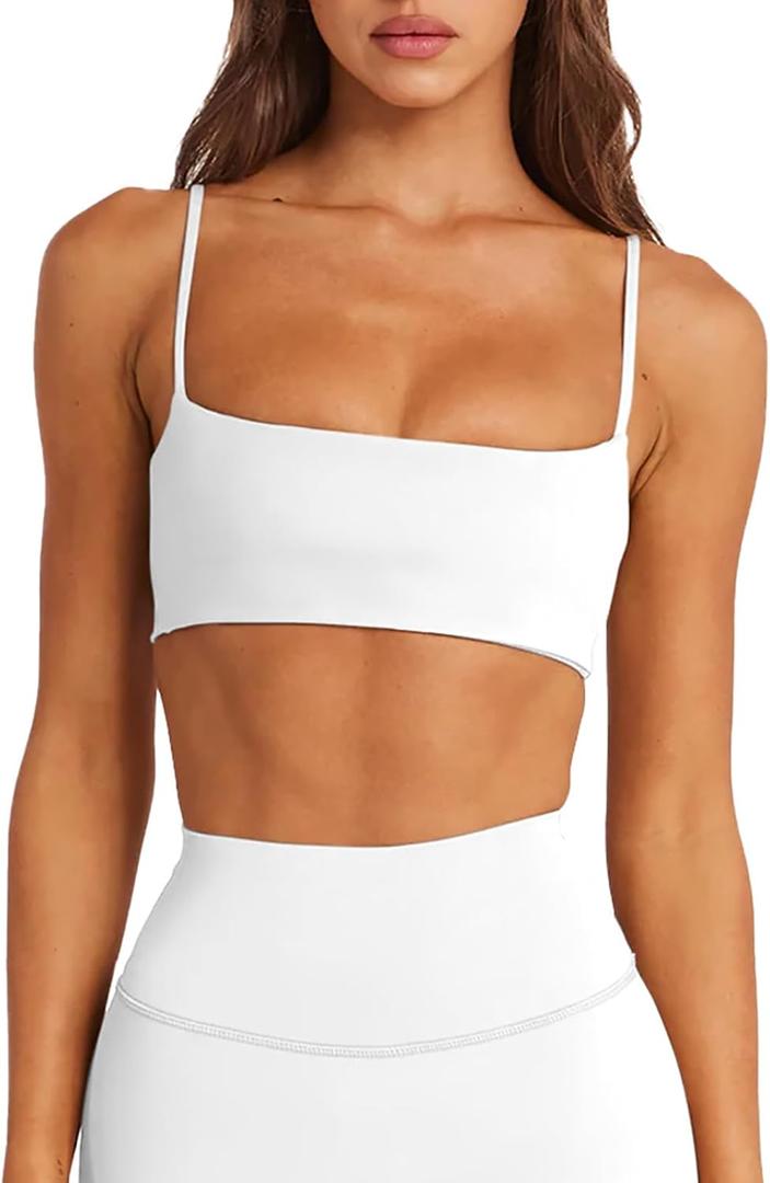 LASLULU Womens Adjustable Spaghetti Straps Sports Bra Square Neck Wireless Padded Workout Yoga Crop Tops (Large, White)