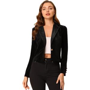 Allegra K Women's 1 Button Velvet Blazer Lapel Business Office Christmas Crop Suit Jacket (Medium)