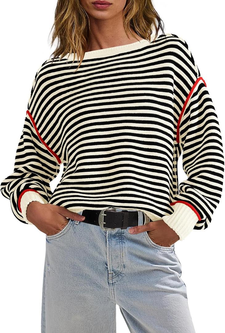 Panadila Womens Striped Oversized Sweater Fall Chunky Long Sleeve Pullover Sweaters Cable Knit Color Block Sweater Tops (Small, Black White Combo)