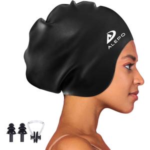 Alepo Extra Large Swimming Cap Women Men, Durable Silicone Swimming Hat Long Hair with Ear Protection, Unisex Adults Swim Caps for Long Thick Curly Hair & Dreadlocks Braids Weaves Afro Hair, Black