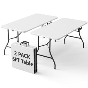 2 Pack Folding Table 6ft - Heavy Duty Plastic Table with Handle, Foldable & Portable, Fold-in-Half Utility Tables for Outdoor, Dining, Wedding, Events, Indoor, Picnic, Camping, Party(White)