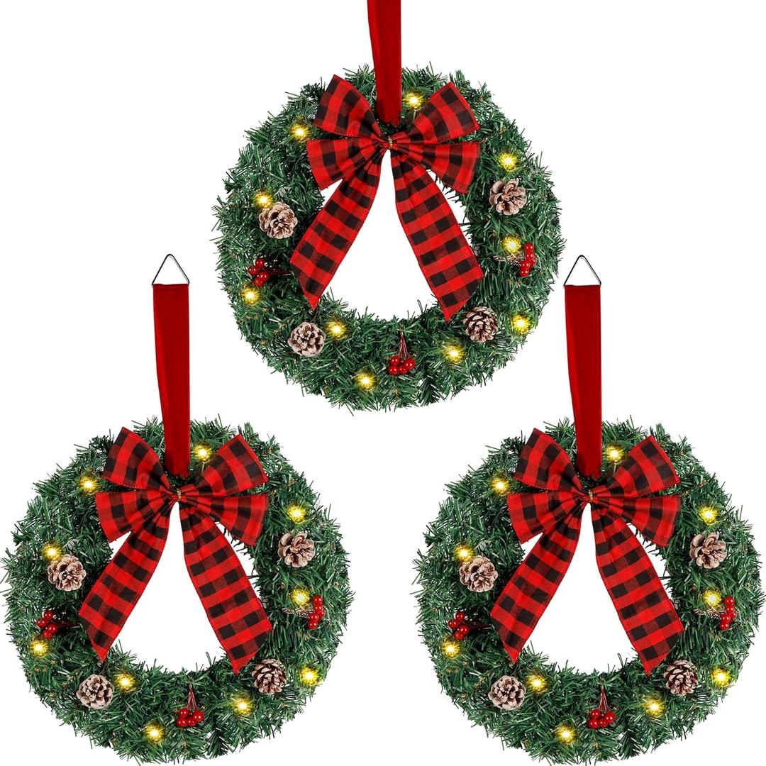ATDAWN 3 Pack Mini Christmas Wreath, Lighted Christmas Front Door Wreath, Xmas Wreath for Holiday Christmas Party Decorations (Plaid Bow)