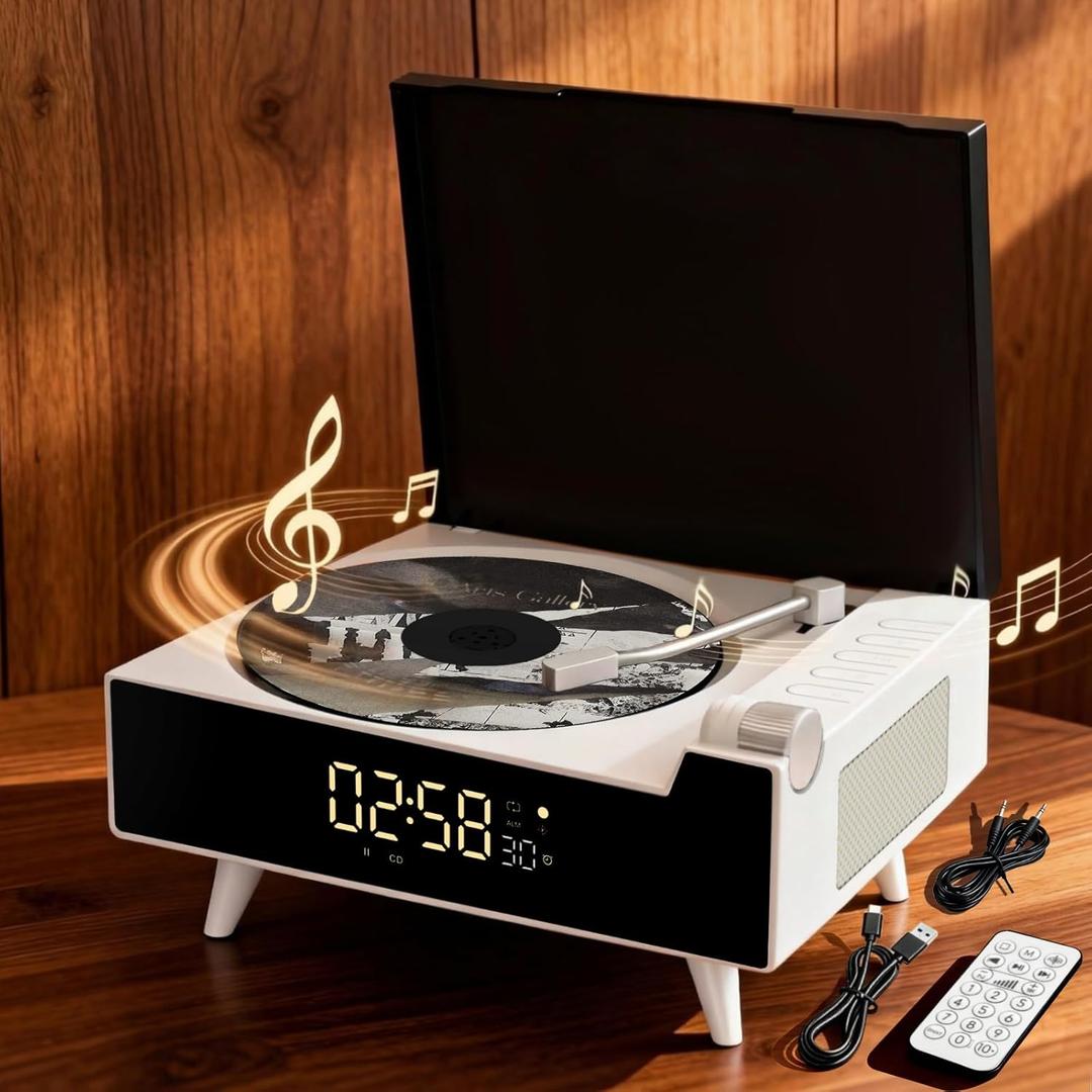 9-in-1 Portable Retro CD Player for Home with Built-in Hi-Fi Dual Stereo Speakers, Bluetooth, FM Radio, Remote Control & Timer, LED Display, Support USB/AUX/Type-C, Festival Gift, White