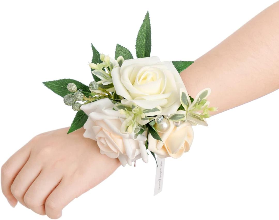 Ling's moment 2pcs Prom Wrist Corsage Artificial Flowers, Girl/Mother Corsages Wristlet Dcor for Homecoming/Wedding/Anniversary, etc. White Ivory