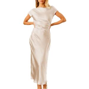 2026 Satin Cap Sleeve Cowl Back Summer Dresses for Women Elegant Ruched Waist Wedding Guest Midi Dress (Small, Champagne)