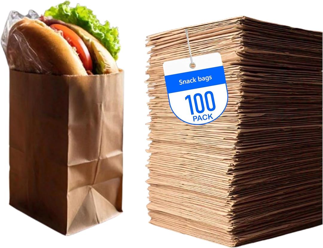 4LB Brown Kraft Paper Lunch Bags - Pack of 100 Durable, Recyclable, and Biodegradable Snack Bags for Food Storage (5" X 3.1" X 9.7")- Great for Lunch, Crafts, Concessions, Cafes, and Delis
