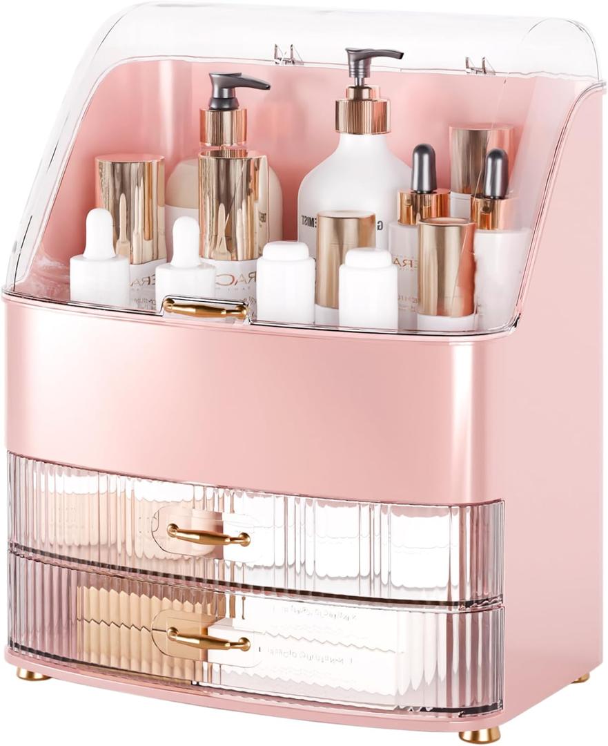 Makeup Organizer Countertop Vanity with Transparent Lid Drawers Waterproof Dustproof Cosmetic Skincare Bathroom Storage Gift for Women Teens Girls (Pink) (Large)
