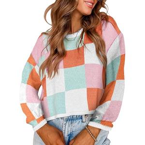 IDEALSANXUN Womens Color Block Cropped Sweater Fall Winter Trendy Cute Long Sleeve Knit Sweater Tops, Large