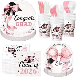 Yungyan 252 Pcs Pink Bow Graduation Cap Party Tableware Set Included Plates Napkins Cups Forks Knives Cutlery for Party Decorations Supplies 36 Guests