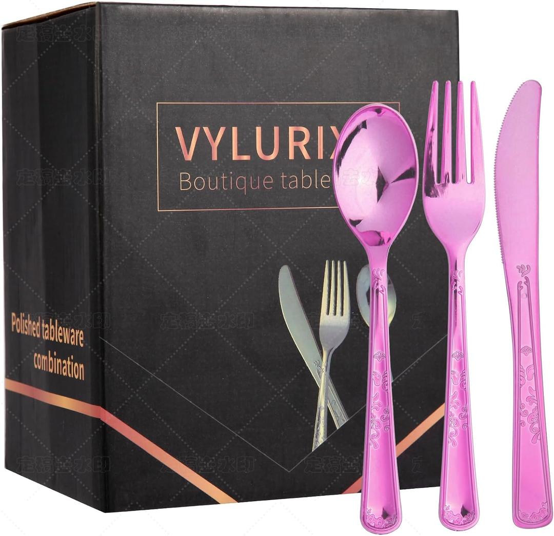 210-Piece Premium Plastic Cutlery Set: Includes 90 Forks, 60 Spoons, 60 Knives - Heavy-Duty Disposable Silverware for Parties, Weddings & Catering Events - Elegant & Durable Utensils Kit (Purple)