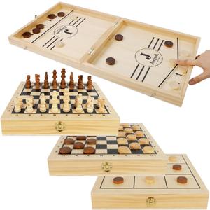 Juegoal 4-in-1 Wooden Fast Sling Puck Set for Kids and Adults, Chess, Checkers, Tic Tac Toe Games, Travel Portable Folding Tabletop Chess Board Game Sets, Interactive Families Toys