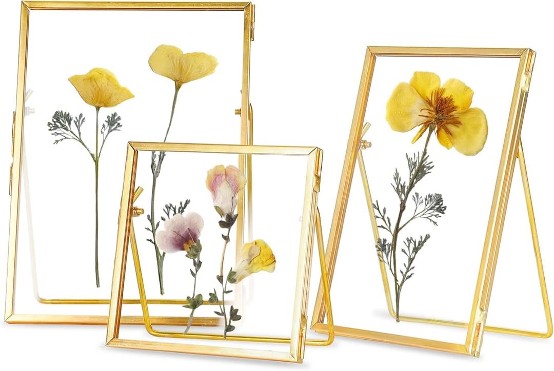 REDHUGO Glass Frame for Pressed Flowers Handmade, Double Glass Floating Picture Frame Set, Brass Photo Frame, Standing Frame Set, Small Picture Frame, Gifts for Family, 44", 46", 57", Gold