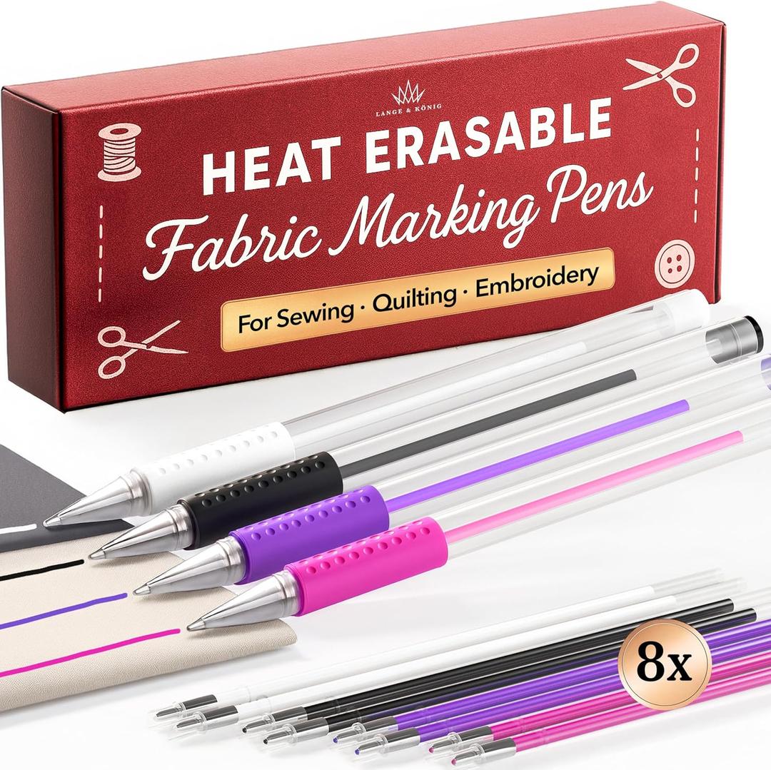 Lange & Knig Heat Erasable Fabric Marking Pens for Sewing - 4 Pens + 8 Refills - Sewing Supplies Quilting Supplies Table Accessories Embroidery Pen Tailors Chalk Alternative (White, Purple, Pink, Black)