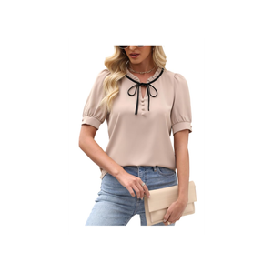 CiCiBird Womens Dressy Casual Blouses Elegant Business Work Tops Tie Front Puff Short Sleeve Shirt
