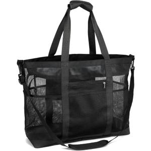 F-color Mesh Beach Bag Family - Large Tote Bag for Cruise Pool Toys Beach Vacation Essentials (X-Large, Water-resistant Bottom, Black Handle With Cushion)