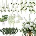 Suncalla 36 Pcs White Artificial Flowers Bouquet Set 8 Kind Faux Delphinium Rose Peony Chrysanthemum Hydrangea Baby's Breath Florals with Greenery Long Stem for Wedding Table Centerpiece Vase Decor