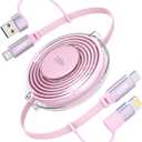 Retractable USB-C Cable, 100W 4-in-1 Multi Charging Cable, USB-C/A to Lightning/USB-C Retractable Charger Cord for iPhone 16, iPhone 15, Samsung, MacBook, iPad (Pink)