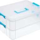 BTSKY 2 Layer Stack & Carry Box, Plastic Multipurpose Portable Storage Container Box Handled Organizer Storage Box for Organizing Stationery, Sewing, Art Craft, Jewelry and Beauty Supplies Blue