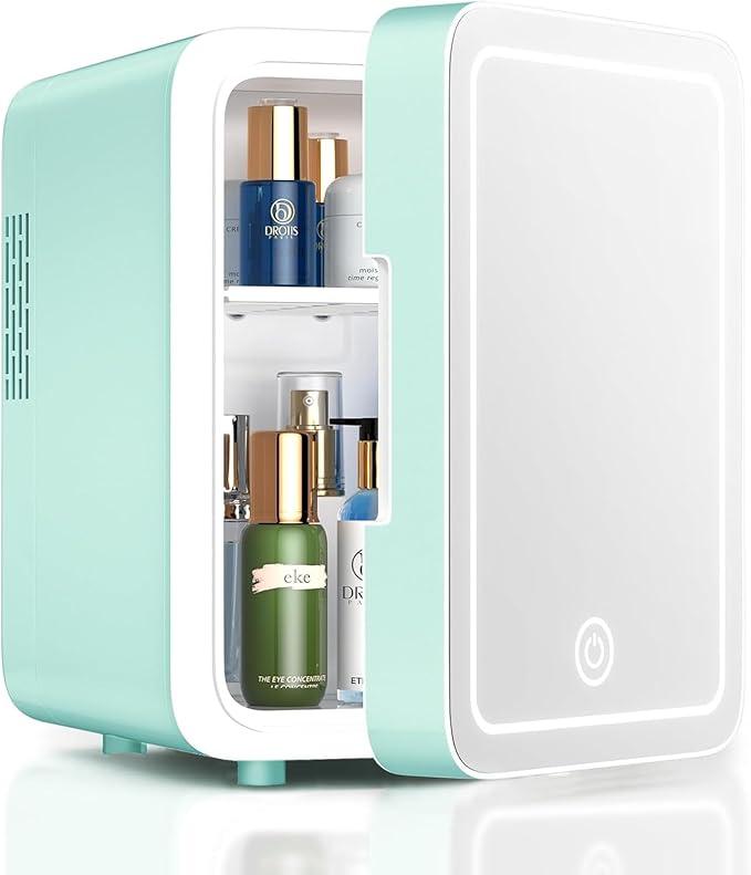 CUTIEWORLD Skincare Fridge With Dimmable LED Light Mirror, 4L Mini Fridge For Desktop, Travel or Cool & Heat, Makeup Fridge for Cosmetics, Skin Care and Food, Green