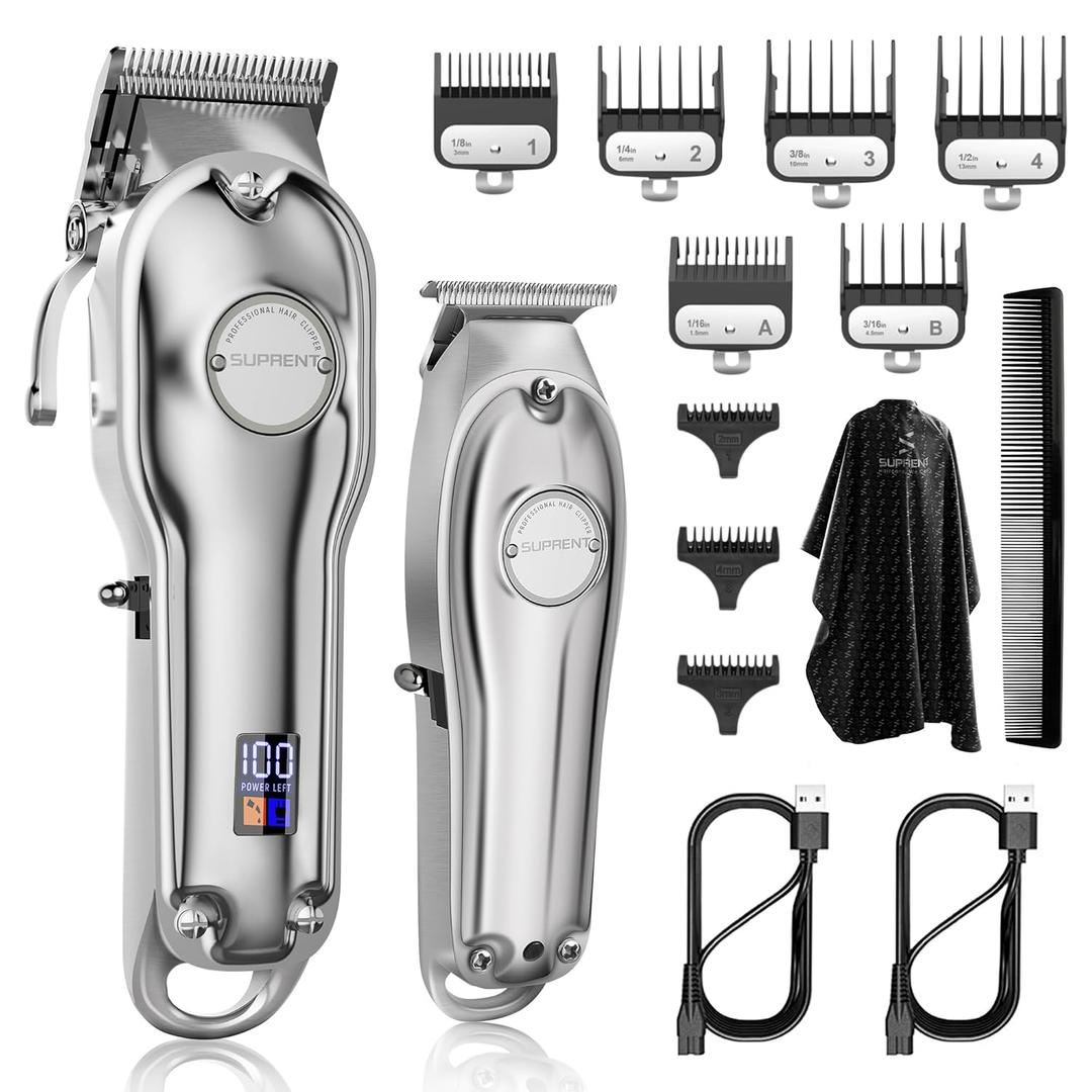 SUPRENT PRO Professional Hair Clippers for Men- Hair Cutting Kit & Zero Gap T-Blade Trimmer Combo- Cordless Barber Clipper Set with LED Display for Mens Gifts (Silver)