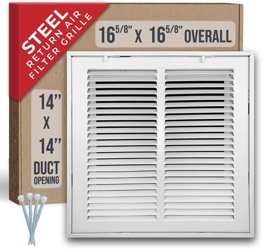 Fits 14x14 Duct Opening | Steel Return Air Filter Grille by Handua [Removable Door] for 1-inch Filters | Vent Cover Grill | White | HVAC Cold Air Intake Grille | Out Dim: 16 5/8"W X 15 5/8"H