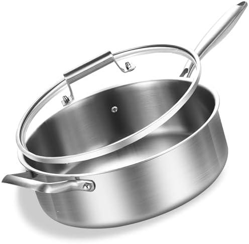 Inqibee Stainless Steel Saute Pan with Lid, 8 QT 13 Inch Tri-Ply Stainless Steel Deep Frying Pan, Large Skillet, Induction Compatible, All Cooktops, Oven & Dishwasher Safe
