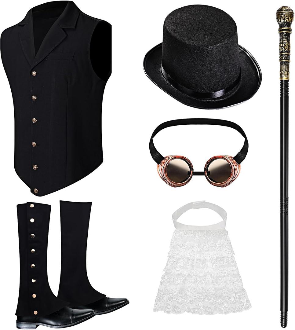 Suhine 6 Pcs Steampunk Halloween Costume Men Steampunk Boot Spats Vest Hat Cane Goggles Renaissance Medieval Accessories (Small)