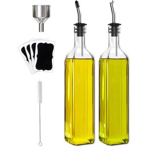 Olive Oil Dispenser Bottle, 2 Pcs Glass Olive Oil Dispenser and Vinegar Dispenser Set with 2 Stainless Steel Pourers, 4 Labels,1 Brush and 1 Funnel Oil Bottles for Kitchen (500ml)
