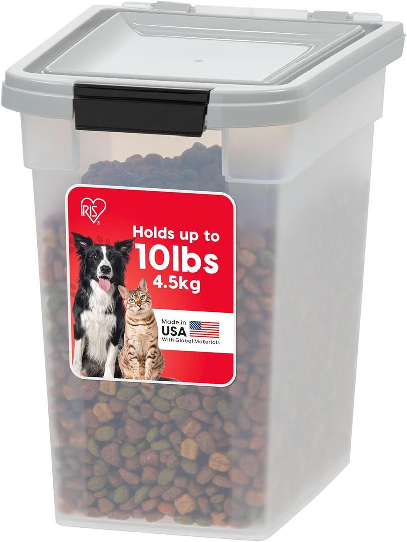 IRIS USA Airtight Dog Food Storage Container, WeatherPro, Up to 10 lbs, for Dog Cat Bird and Other Pet Food Storage Bin, Keep Fresh, Translucent Body, Made in USA, Clear/Gray