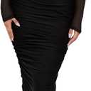 REORIA Women's Summer Mesh Sheer Short Sleeve Midi Ruched Bodycon Dress Mock Neck Elegant Evening Party Cocktail Dresses (Medium, Black)