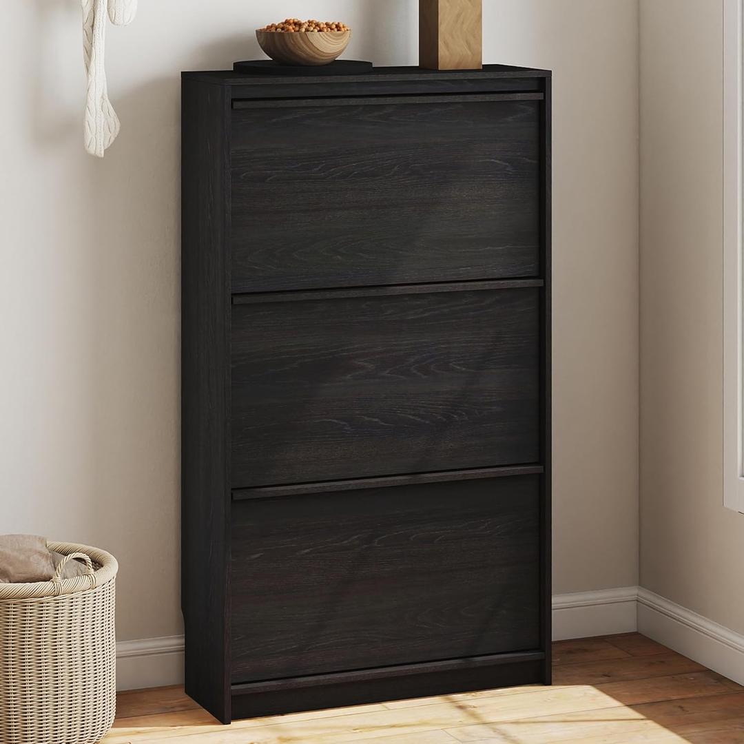 RYWI11OUSE Shoe Cabinet with 3 Flip Drawers, 23.62" W Narrow Shoe Storage Cabinet for Entryway, Slim Shoe Organizer with Adjustable Shelves, Freestanding Shoe Rack for Hallway, Living Room, Black