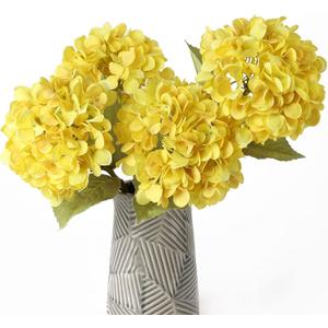 mizii 4Pcs Yellow Artificial Hydrangea Flowers Large Fake Silk Hydrangea Flower with Leaves Stems Realistic Faux Hydrangeas Decorations for Wedding Table Centerpieces Vase Home Decor (Yellow)