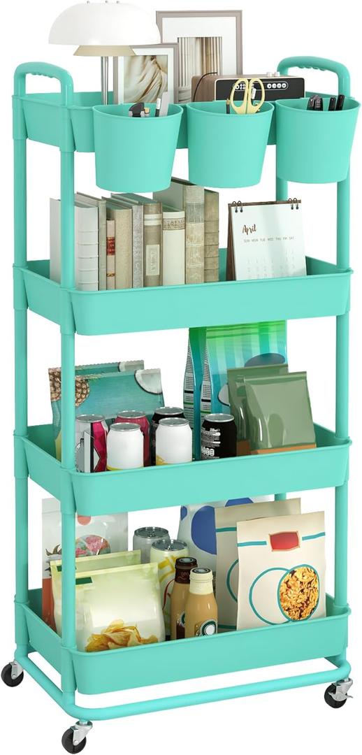 JIUYOTREE 4-Tier Plastic Rolling Storage Cart Utility Cart with Extra Hanging Cups Handles Lockable Wheels for Living Room Bathroom Kitchen Office, Green