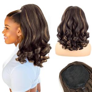 Ponytail Extension,16" Curly Drawstring Ponytail for Black Women Yaki Straight with Curly Ends Synthetic Hairpiece Hair Extension Pony Tails for Women(4H27)