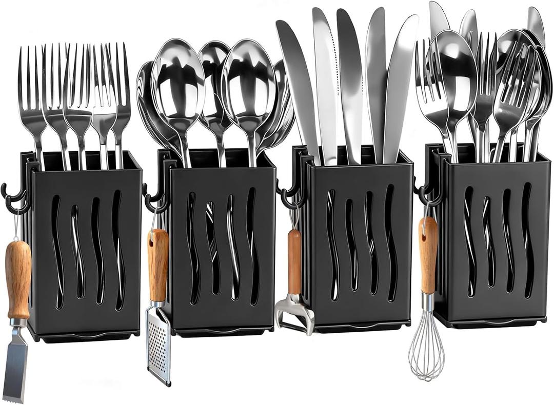 Utensil Drying Rack, 4Pcs Wall Mounted Utensil Holder Kitchen Drainage Basket Accessories, Plastic Dish Drainer Cutlery Knife Fork Spoon Holder Organizer, with Drain tray and Hooks