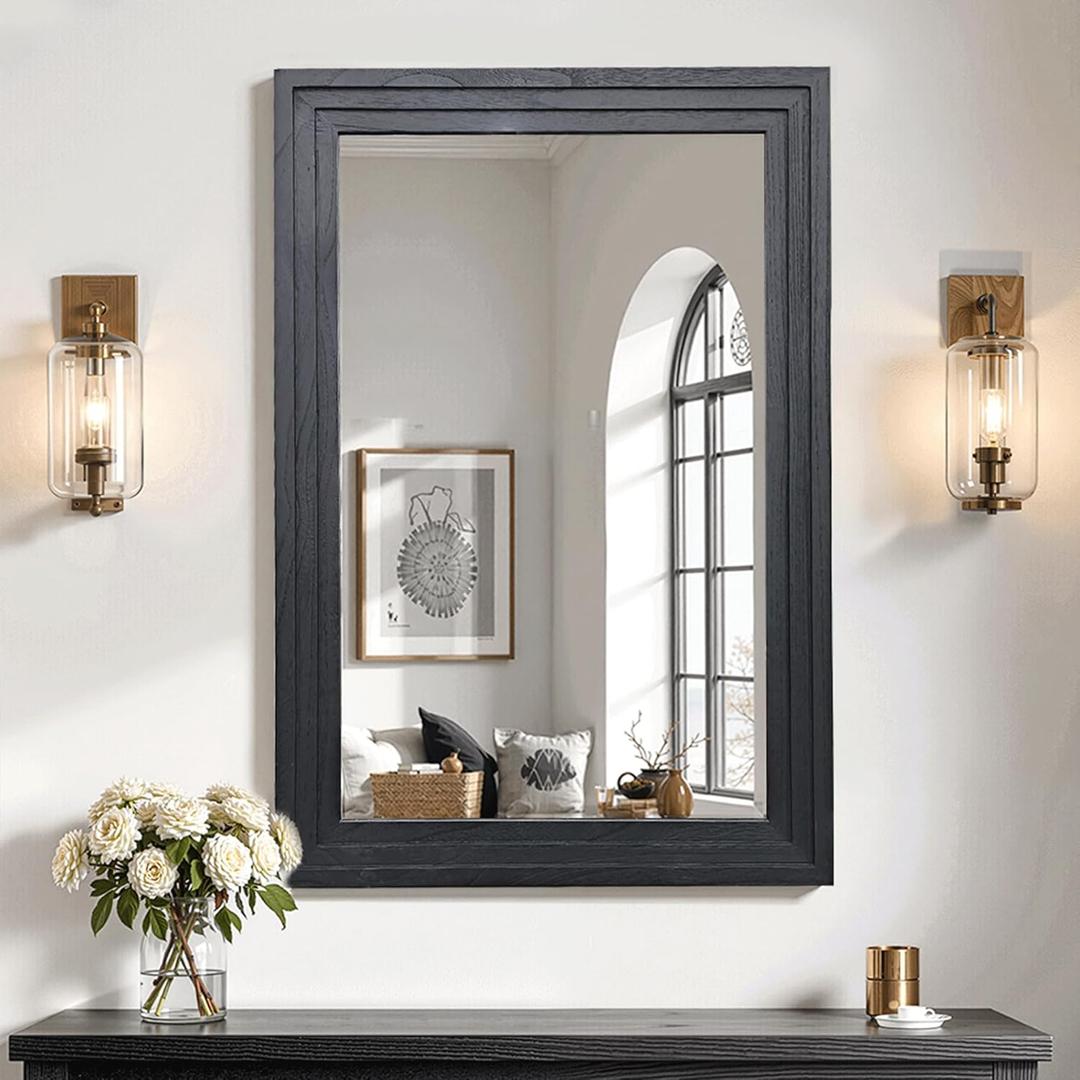 Wood Framed Mirrors for Wall, Black Bathroom Vanity Mirror for Over Sink 24 x 36, Vintage Wall Mirror for Bathroom Sink Hallway Entryway Bedroom Living Room Farmhouse Boho Style