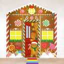 5Pcs Christmas Gingerbread Door Cover Decorations - Porch Banner Front Backdrop Rainbow Rug for Xmas House Classroom Office Outdoor Holiday Party Decor