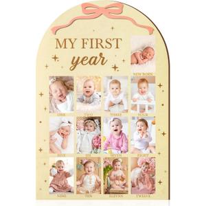 R HORSE My First Year Photo Frame Board, 3D Pink Bow Display Wood Board, Babys First Year 12 Months Milestone Sign 1st Birthday Frame Nursery Decor Keepsake Gift for Boy Girl
