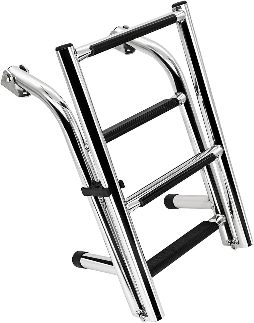 Folding Stainless Steel Boat Ladder 4 Step Pontoon 2+2 Step Portable Transom Mount Marine Stepladder, Rated to 400 Pounds