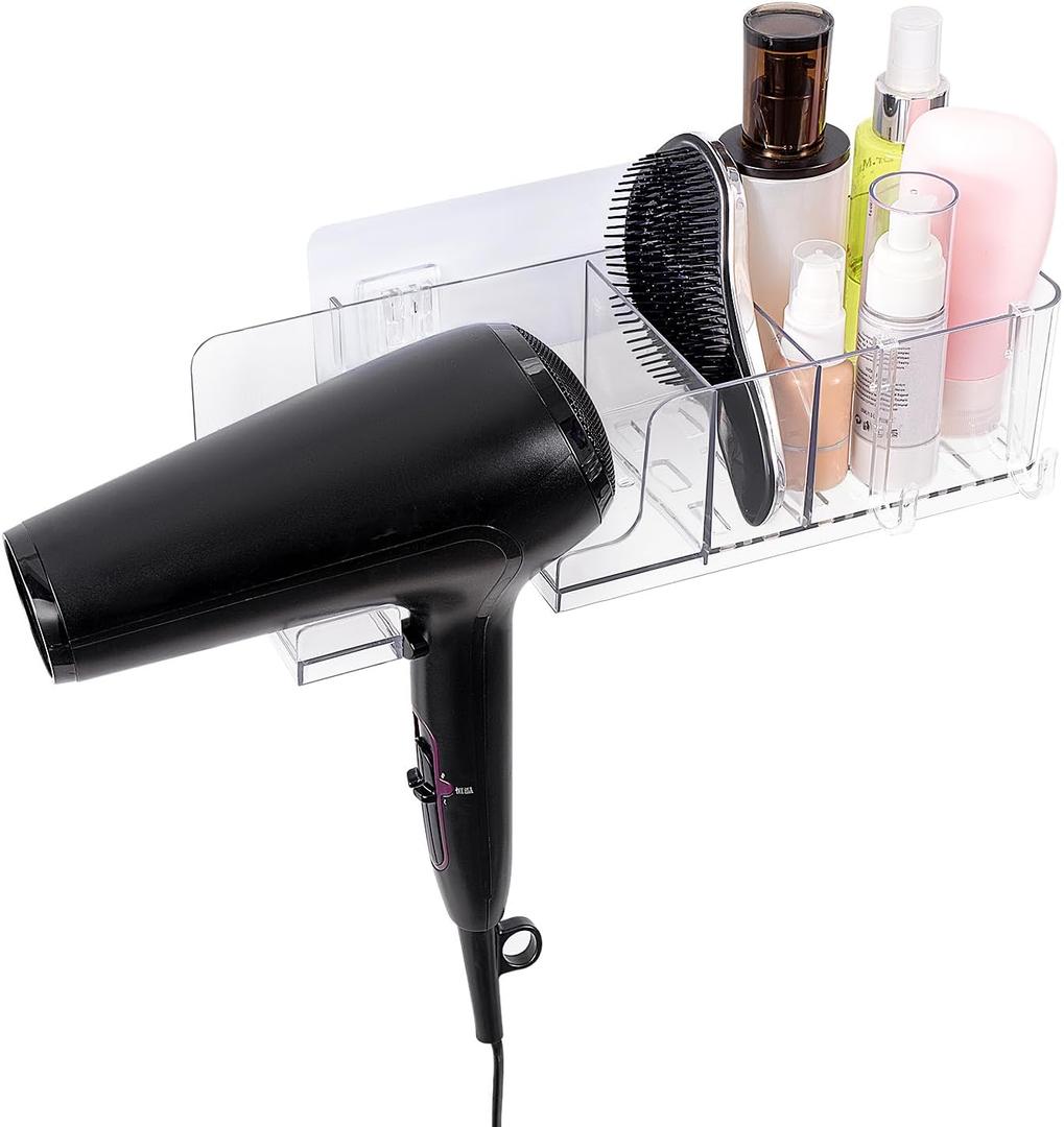 HOMEE Hair Dryer Holder Wall Mounted, Acrylic Blow Dryer Holder for Bathroom, Clear Hair Tool Holder with Storage Organizer, Blow Dryer Holder Storage for Bathroom
