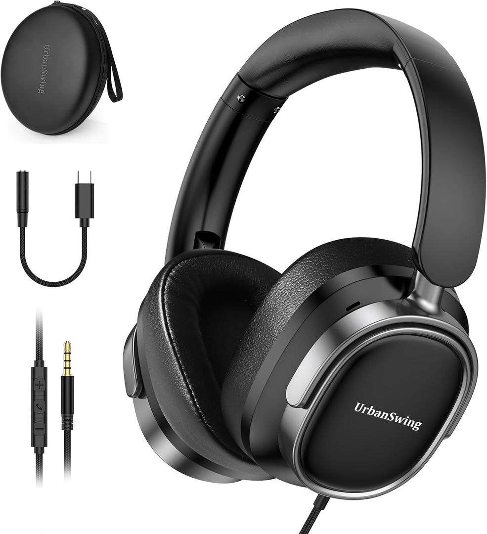 W70 Wired Headphones for iPhone 17 16 15, Samsung S25 S24 S23, 3.5mm Jack & USB C Adapter for iPad, Laptop, PC, 4.9ft Long Wire, Volume Control, Mic & Hard Case for Travel, Office, Black