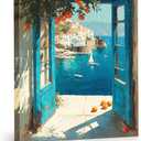 APOHBGV Vintage Open Window Coastal Blue Painting – Wall Art with Mediterranean Views for Living Room, Bedroom, Office Mediterranean Home Decor 8x10 Inch