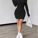 GORGLITTER Women's Off The Shoulder Sweater Dress Folded Neck Long Sleeve Knitted Bodycon Mini Dresses Fall Trendy (Black, S)