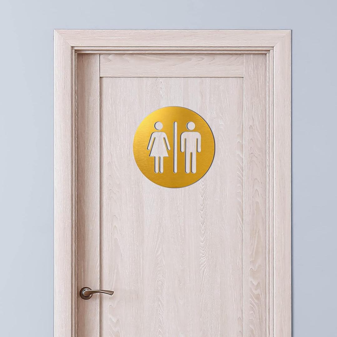 Men and Women Bathroom Sign 7.87 x 7.87 Inch Metal Unisex Restroom Door Signs Decor for Office Businesses Restaurant Home Bathroom Wall Decor Adhesive Backed (Gold)